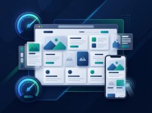 Website and mobile interface with a speed gauge, interaction ripple and aligned layout panels