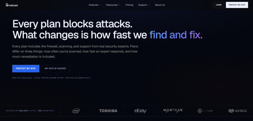 MalCare dashboard showing WordPress malware scanning and protection status