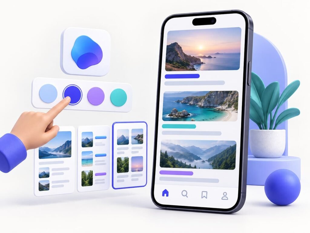 Mobile app design mockup showing color choices, content layouts, and bottom navigation.