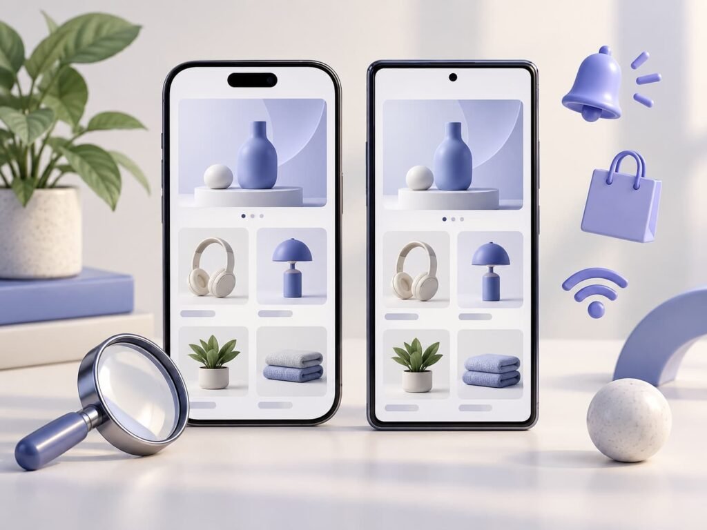 Illustration of two smartphones displaying a shopping app with notification and connectivity symbols.