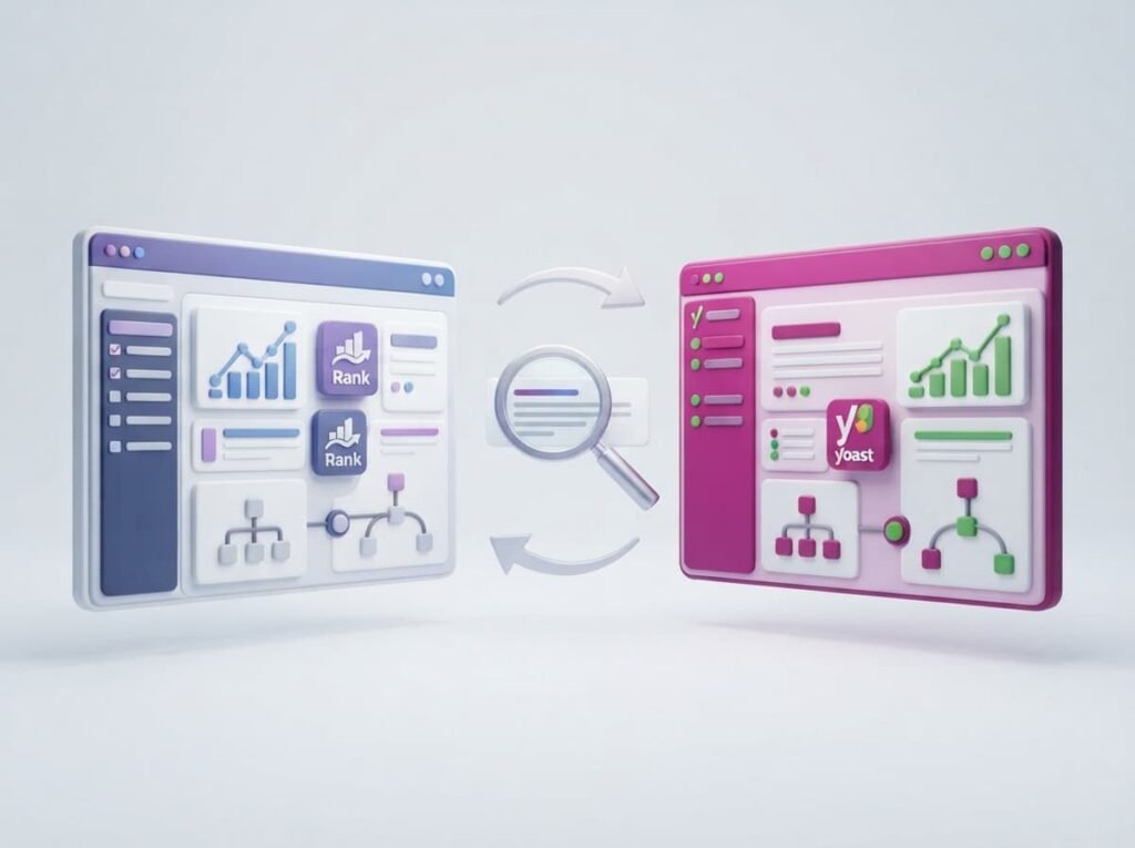 Two SEO dashboard illustrations representing Rank Math and Yoast, with analytics charts and a magnifying glass.