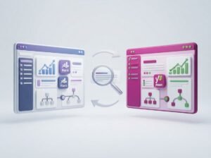 Two SEO dashboard illustrations representing Rank Math and Yoast, with analytics charts and a magnifying glass.