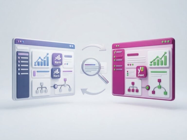 Two SEO dashboard illustrations representing Rank Math and Yoast, with analytics charts and a magnifying glass.