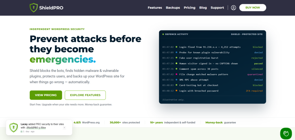 Shield Security dashboard showing bot protection and login security controls