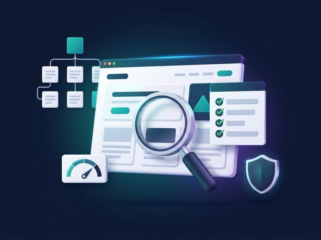 Technical SEO audit illustration with a website checklist, magnifying glass, sitemap nodes, and performance gauge