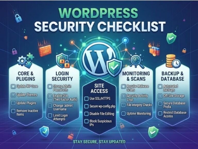 WordPress security checklist with icons for backups, two-factor authentication, updates, and firewall protection