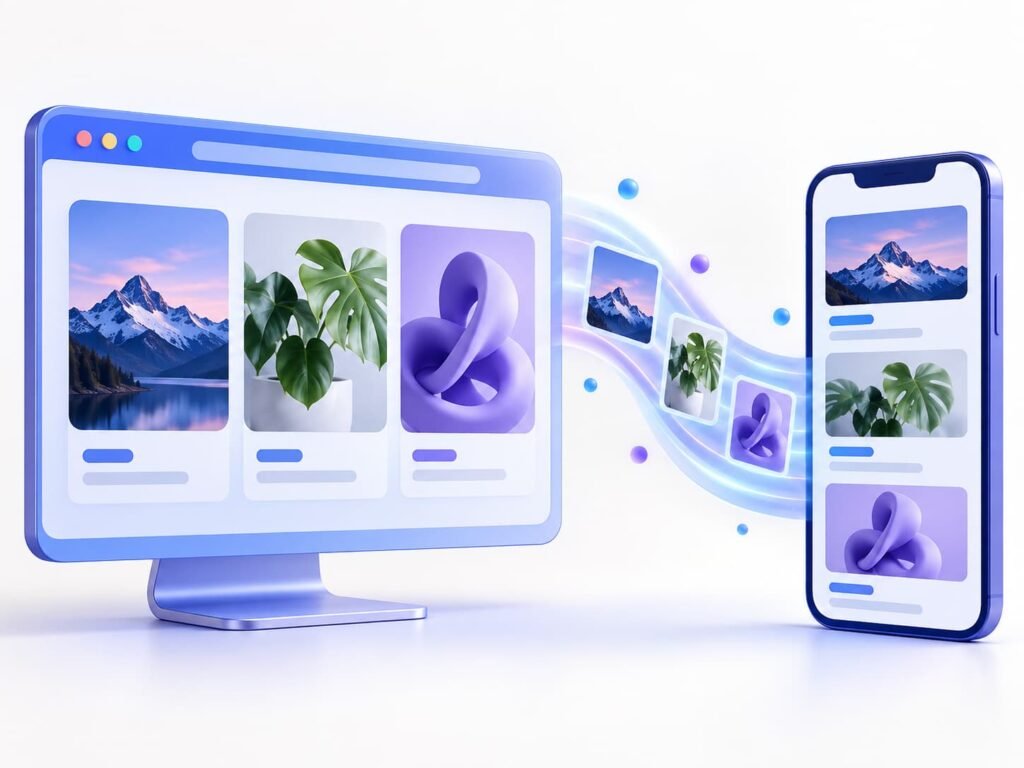 Illustration of website content syncing from a desktop screen to a mobile app.