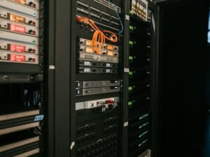 Rows of server racks illustrating cloud infrastructure supporting Amazon Bedrock AI workloads