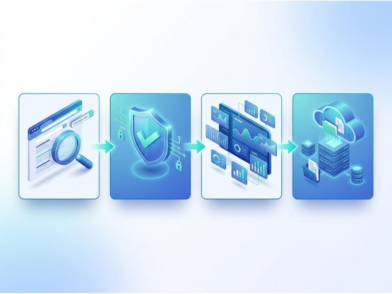 Four-stage target company URL research workflow showing website discovery, verification, analysis, and documentation.