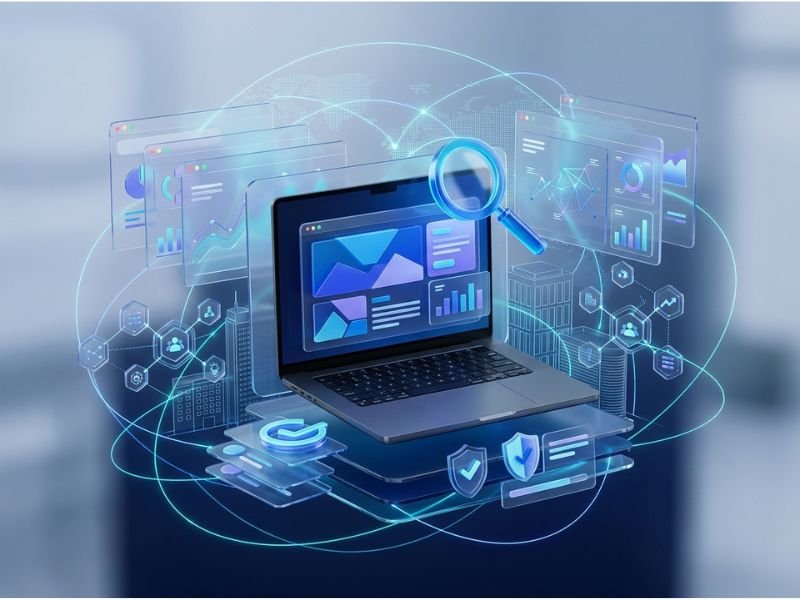 Target company URL research concept showing company website discovery, domain verification, and business analysis